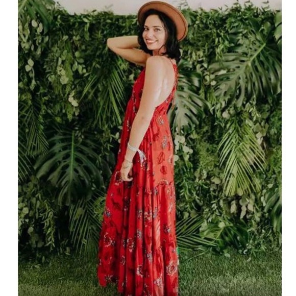 Intimately Free People Garden Party Floral Smocked Tiered Maxi Dress Boho Red XS - Picture 3 of 11